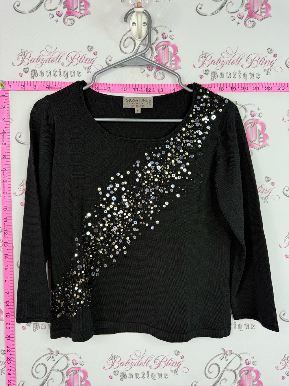 SPANNER Black Long Sleeve Top with Diagonal Sequin Scatter sequins